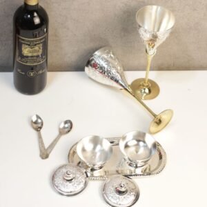 Luxury Brass Goblet and Serving Set (9 Pcs) | Silver & Gold Toned Wedding Gift