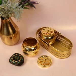 Golden Metal Canister Set with Tray – 9 ′′ Iron Serving & Storage Festive Decor