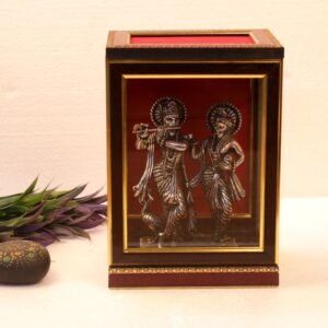Premium Metal Radha Krishna Idol in Wooden Frame | Home Temple God Idols & Janmashtami Gift