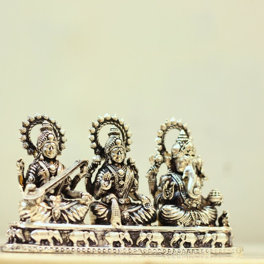 Divine Trio Idol Set (Saraswati, Lakshmi, Ganesh) | German Silver & Brass God Idols for Diwali Puja