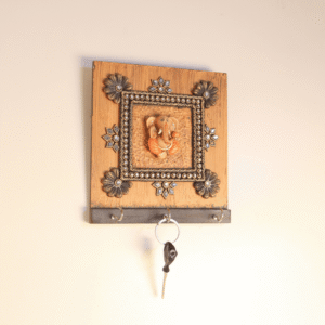 Wooden Ganesha Key Holder with Mirror Work