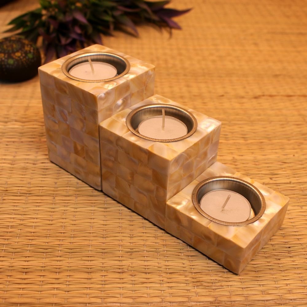 White Mother Of Pearl Candle Stand Set Of 3 - Image 3