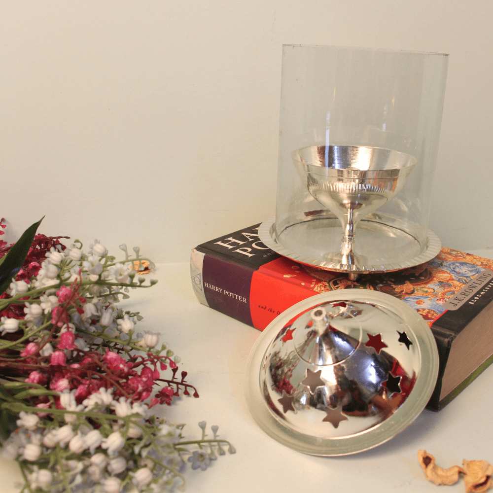 Modern Glass and Metal Diya Holder - 7 ′′ Silver Finish Candle Enclosure - Image 3