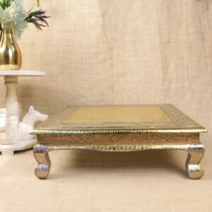 Large Square Wooden Chowki 21×21 | Gold Foil Pooja Pedestal & Low Table