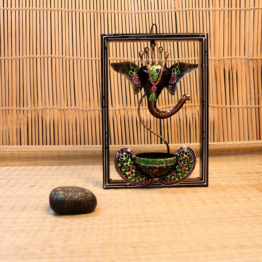 Ganesha Wall Tea Light Holder - 12 ′′ Iron Framed Diya for Auspicious Decor