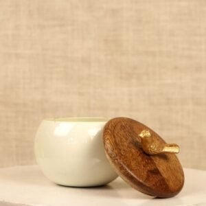 Ceramic Matki Jar with Rustic Wooden Bird-Cap | Minimalist Festive Storage
