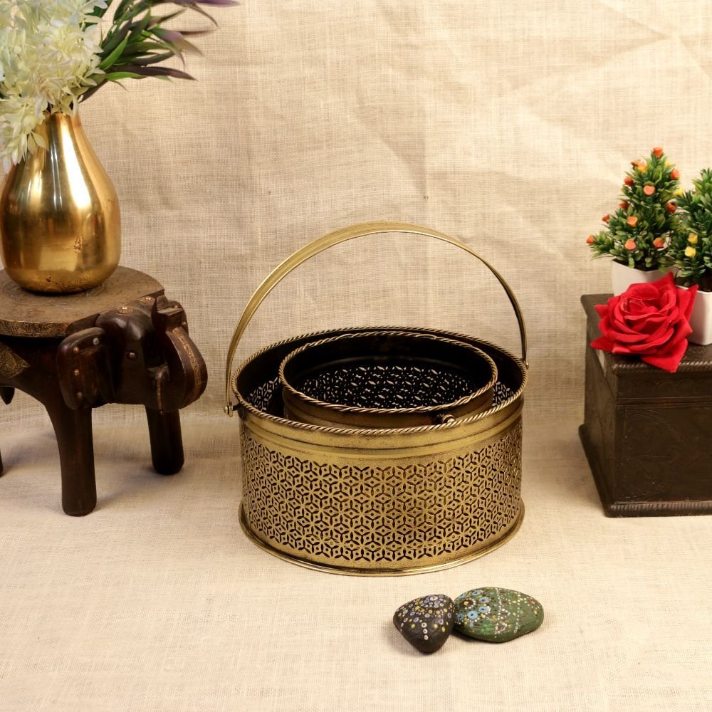 Handcrafted Iron Jali Baskets with Handle (Set of 2) | Decorative Gift & Storage Totes - Image 2