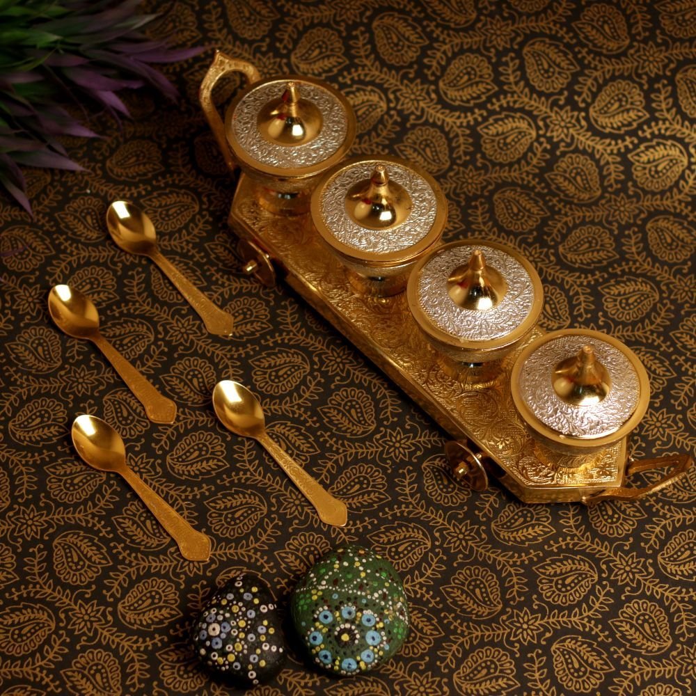 Brass Tea Caddy with Four Bowls and Spoons - Image 2