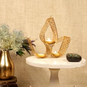 Golden Ribbon Tea Light Holder – Triple-Cup Iron Lamp for Abstract Festive Decor