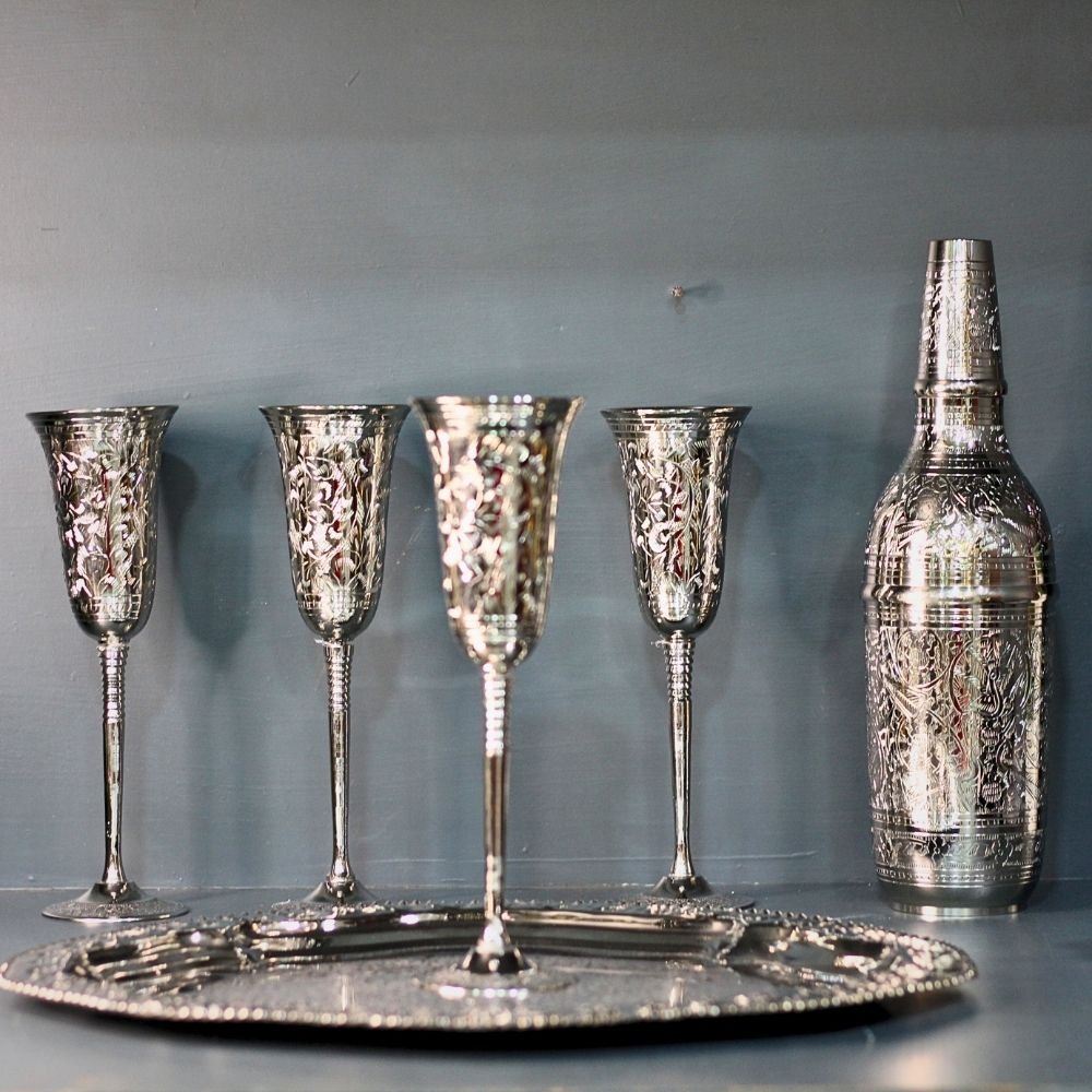 Brass Silver Wine Bottle Set W/4 Glass - Image 3