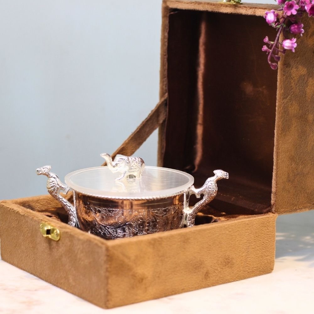 Elephant Motif Silver Plated Bowl with Lid - Luxury Dry Fruit Server || Free Shipping || - Image 3