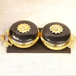 Black and Gold Serving Tray with Lidded Bowls