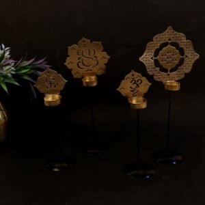 Set of 4 Golden Metal Symbolic Tea Light Stands – Tiered Diya for Pooja and Diwali