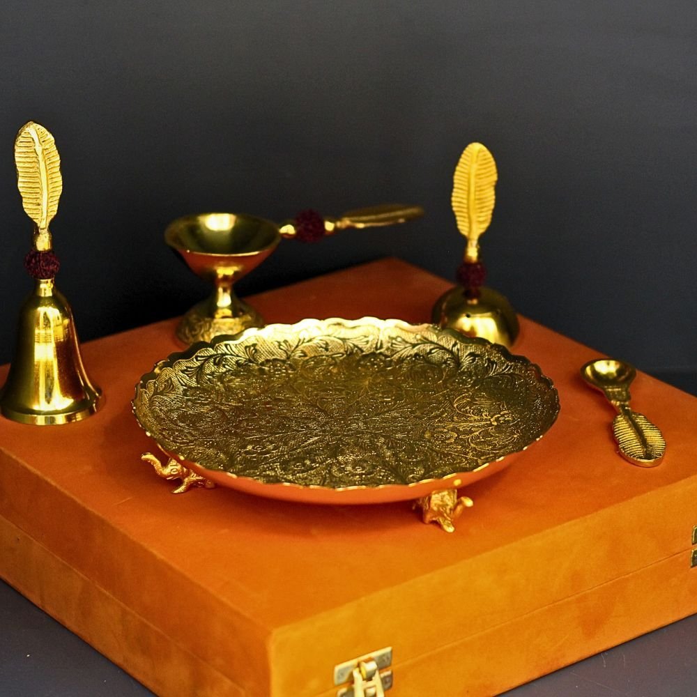 Deluxe Golden Brass Pooja Thali Set | Complete Puja Ritual Kit & Diwali Gift - Image 4