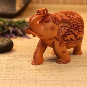 Handcrafted Wooden Elephant Sculpture | Intricate Carving & Auspicious Decor