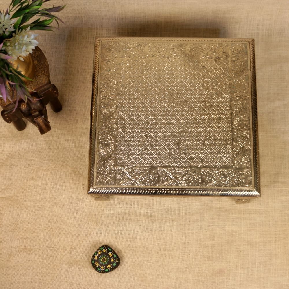 Premium Oxidized Silver Embossed Wooden Chowki | Square Puja Altar & Home Decor - Image 3