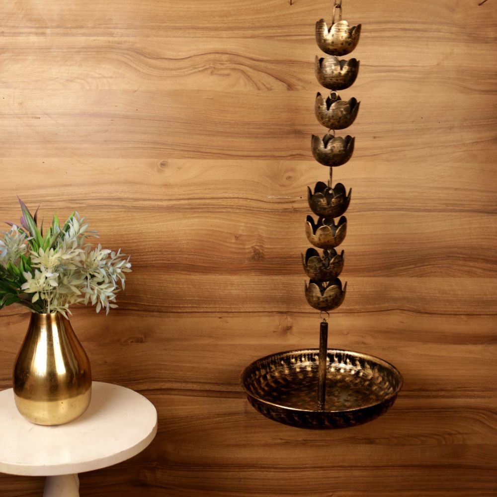 Hanging Golden Urli Bowl with Long Lotus Chain – Handcrafted Iron Décor for Home & Festivals