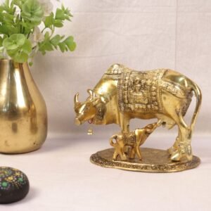 Brass Kamdhenu Cow and Calf Statue | Auspicious Home Decor & Prosperity Gift