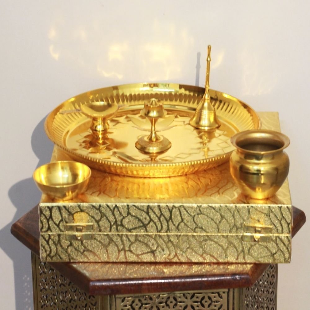 Exquisite Golden Brass Pooja Thali Gift Set (5-Piece) | Essential Puja Accessories & Diwali Gift - Image 2