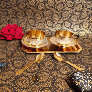 Luxury Brass Tea/Coffee Cup Set  with Tray | Two-Tone Festive Gift