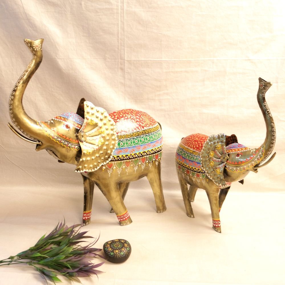 Set of 2 Hand-Painted Iron Elephant Figurines | Majestic Festive Decor Gift - Image 2
