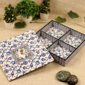 Blue Floral Wooden Dry Fruit Box – 10 ′′ Compartmented Festive Gifting Tray