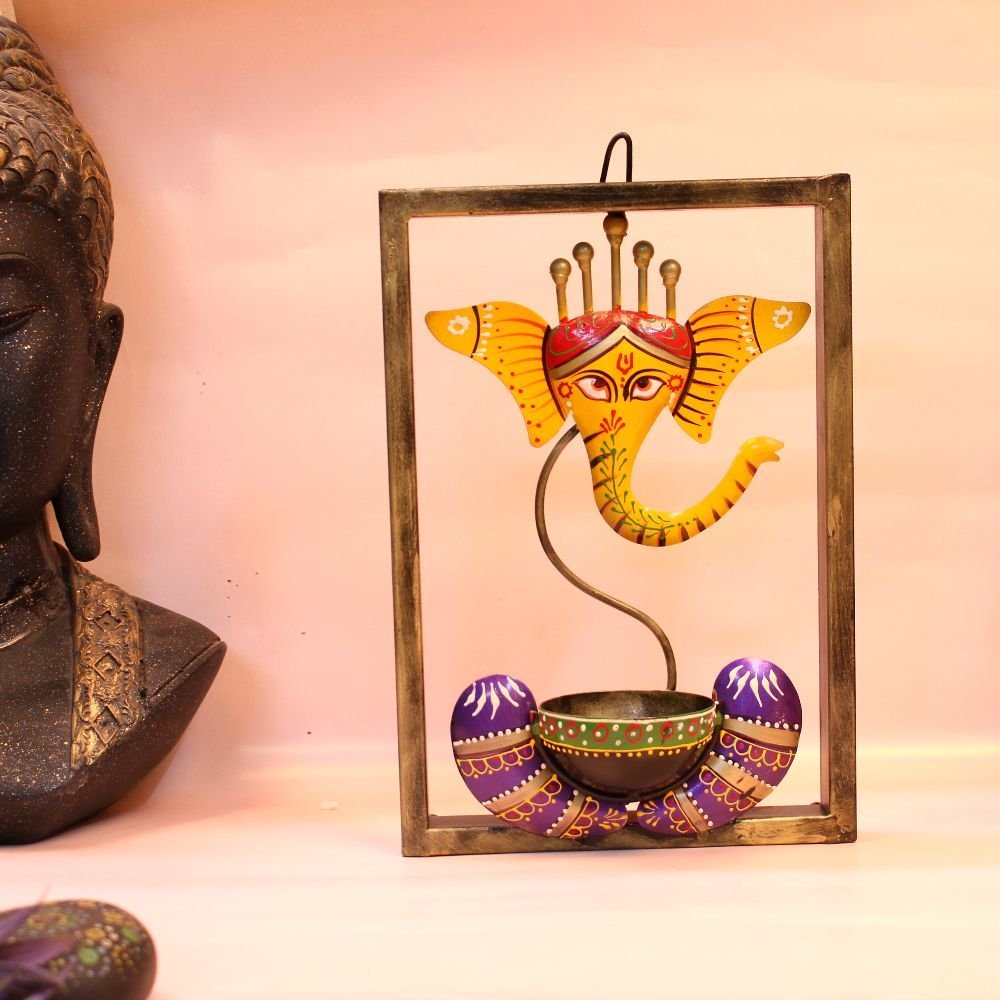 Hand-Painted Ganesha Wall Decor - 12 ′′ Framed Iron Diya for Auspicious Gifting - Image 4
