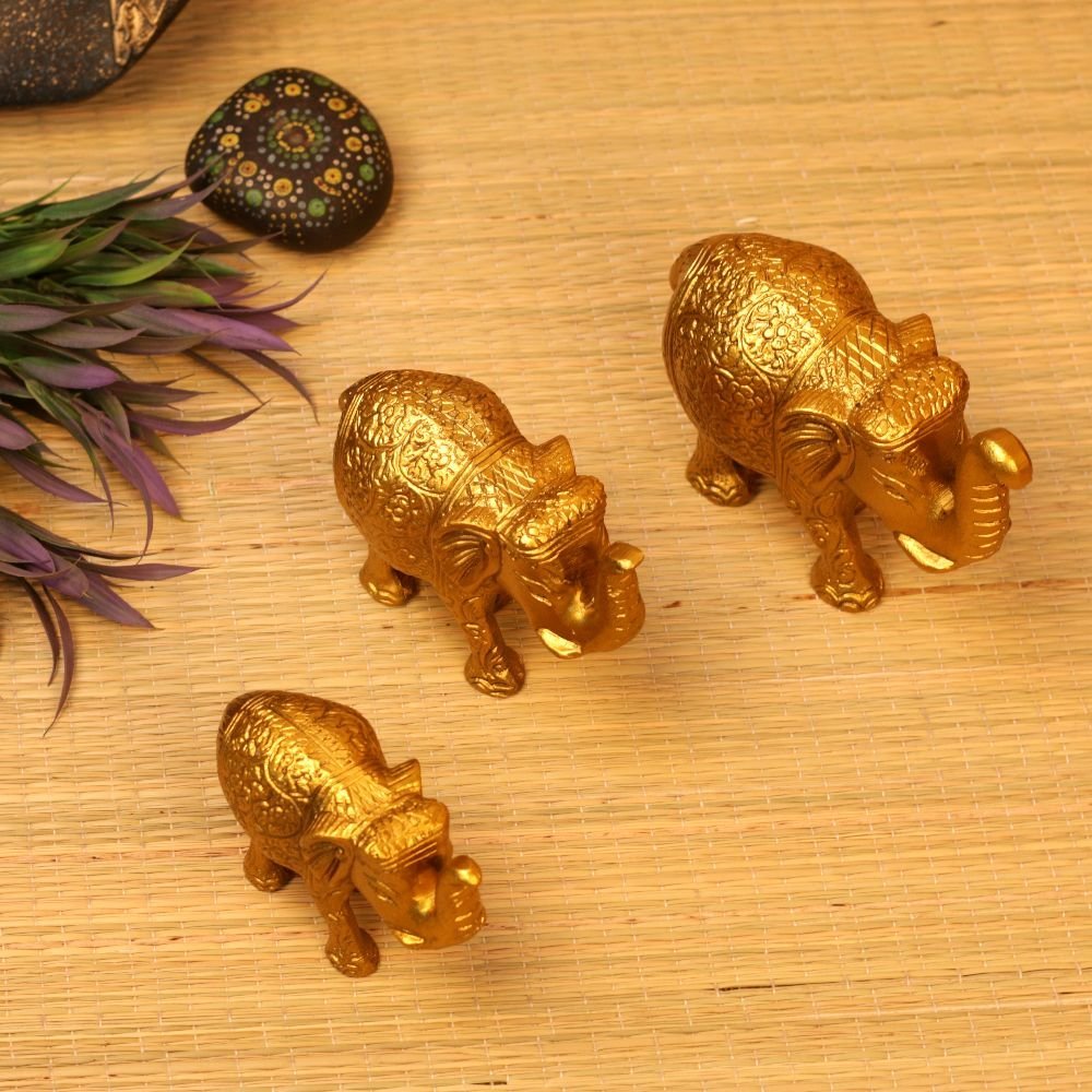 Set of 3 Golden Elephant Statues - 5 ′′ Metal Figurines for Good Luck Decor - Image 3