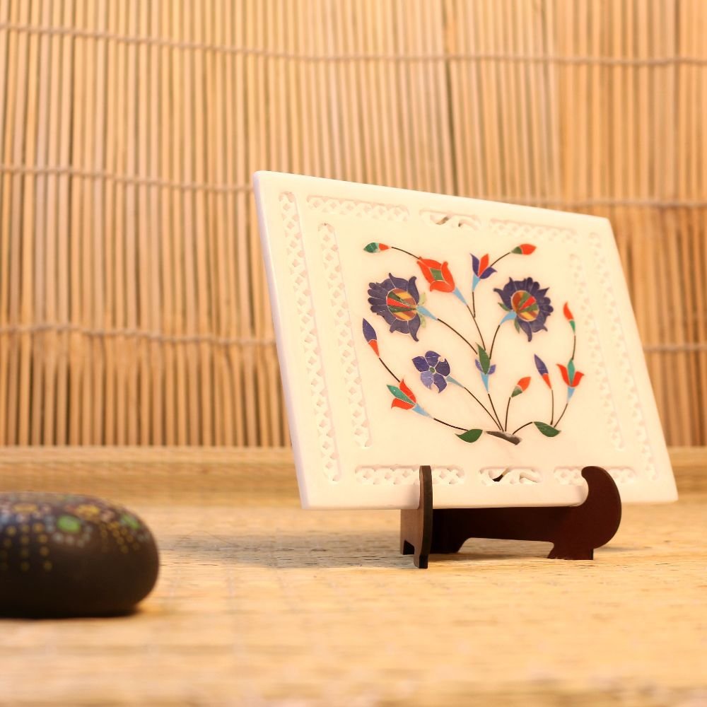 White Marble Tile with Floral Pietra Dura Inlay 6*8 | Mughal Art Showpiece - Image 2