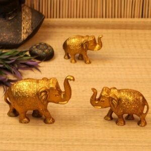Set of 3 Golden Elephant Statues – 5 ′′ Metal Figurines for Good Luck Decor