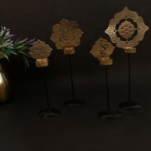 Set of 4 Golden Metal Symbolic Tea Light Stands – Tiered Diya for Pooja and Diwali