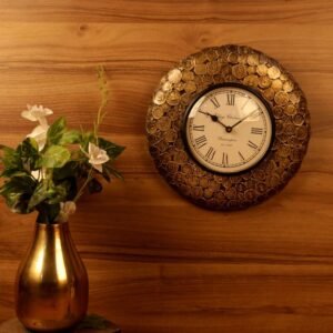 Vintage Coin Motif Iron Wall Clock (12-Inch Diameter) | Rustic Gold Home Decor