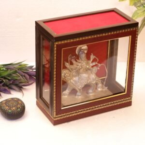 Framed Metal Goddess Durga on Lion Idol 10 in | Divine Protection Showpiece