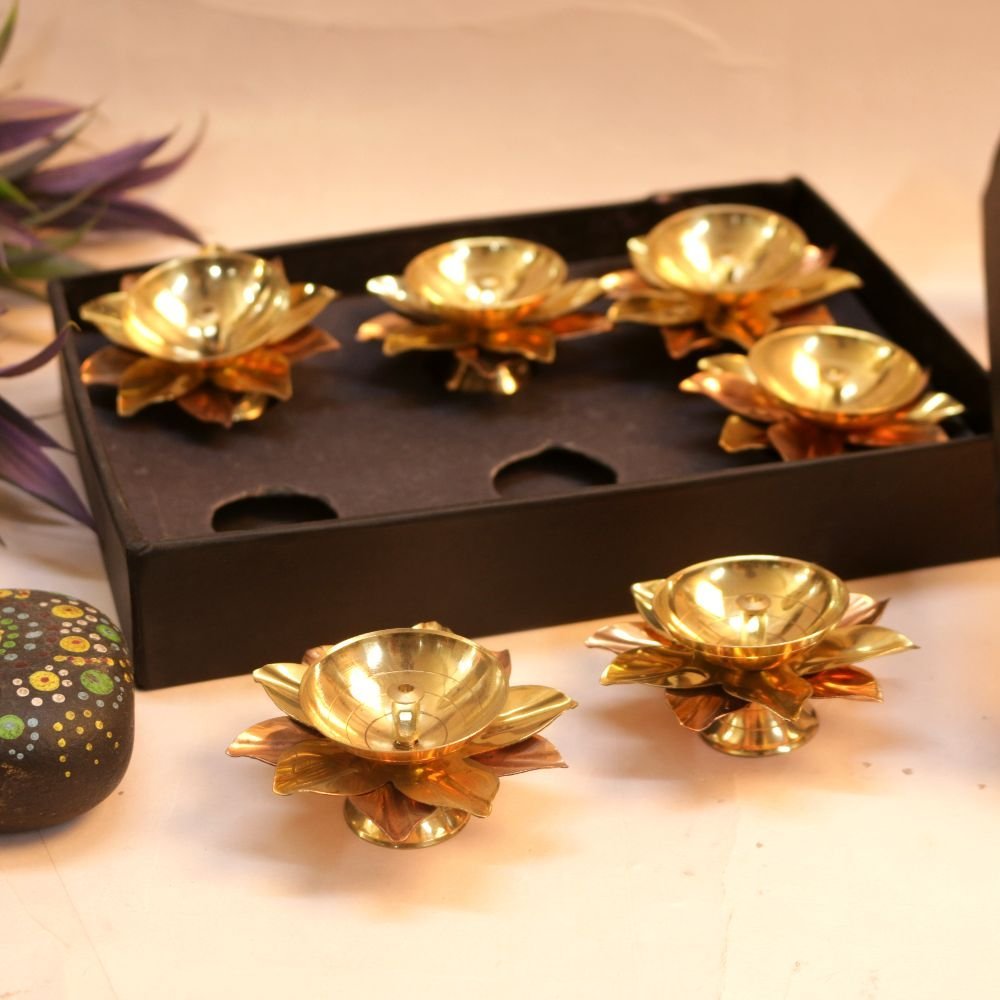 Set of 6 Brass Lotus Diyas | Traditional Diwali Oil Lamp Gifting Set | Diwali Decor - Image 2