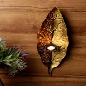Golden Leaf Wall Sconce – 14  ′′   Metal Tea Light Holder for Festive Decor