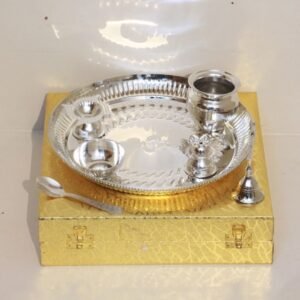 Silver-Plated Brass Pooja Thali Set (Complete 6-Piece) | Essential Puja Accessories & Diwali Gift