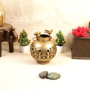 Antique Golden Metal T-Light Holder with Bird Decor | Round Jali Votive Lantern