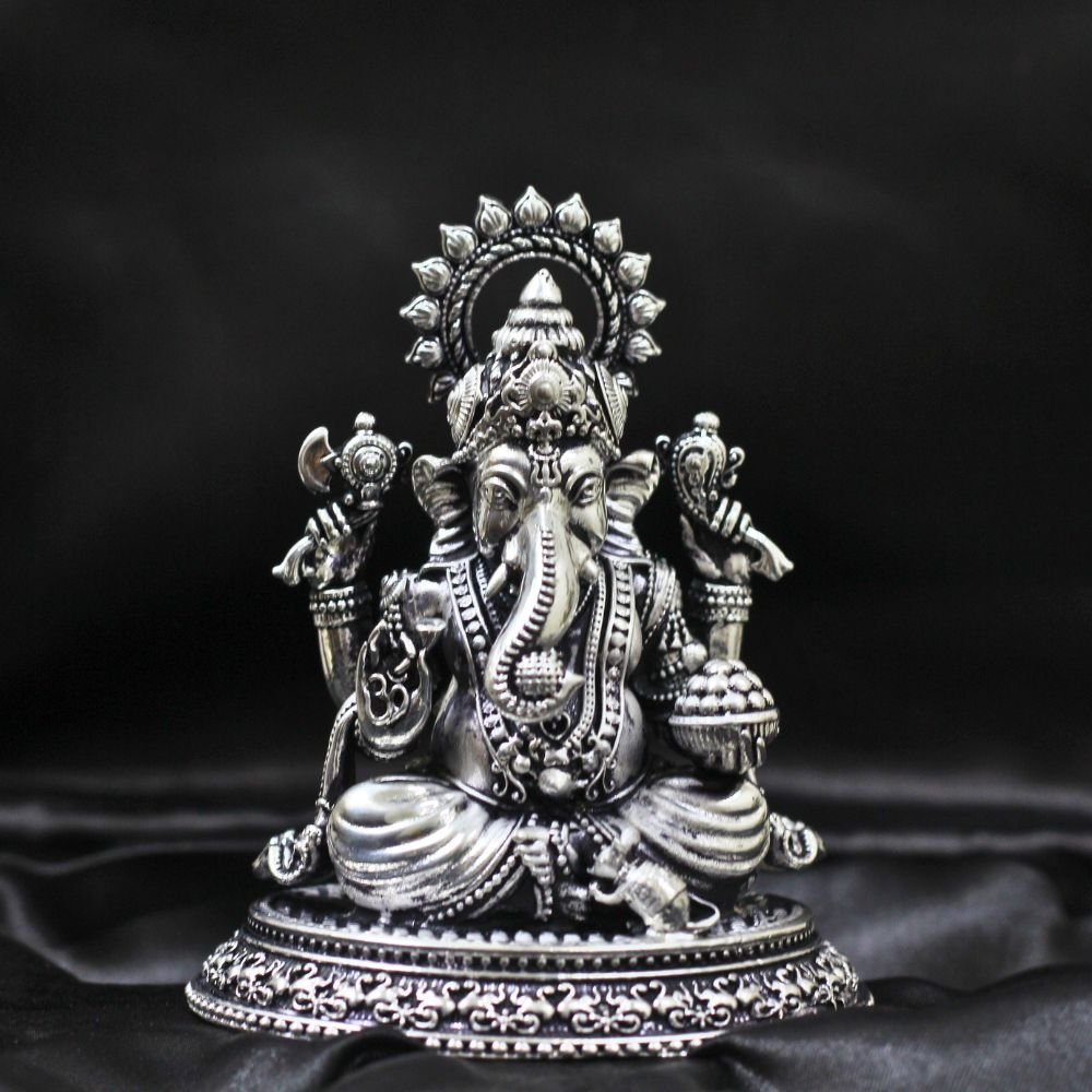 Majestic German Silver Finish Ganesh Idol | Home Temple God Idols & Diwali Puja - Image 2