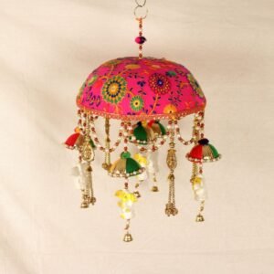 Pink Embroidered Umbrella Mobile – 16  ′′   Hanging Fabric Decor for Festive Gifting