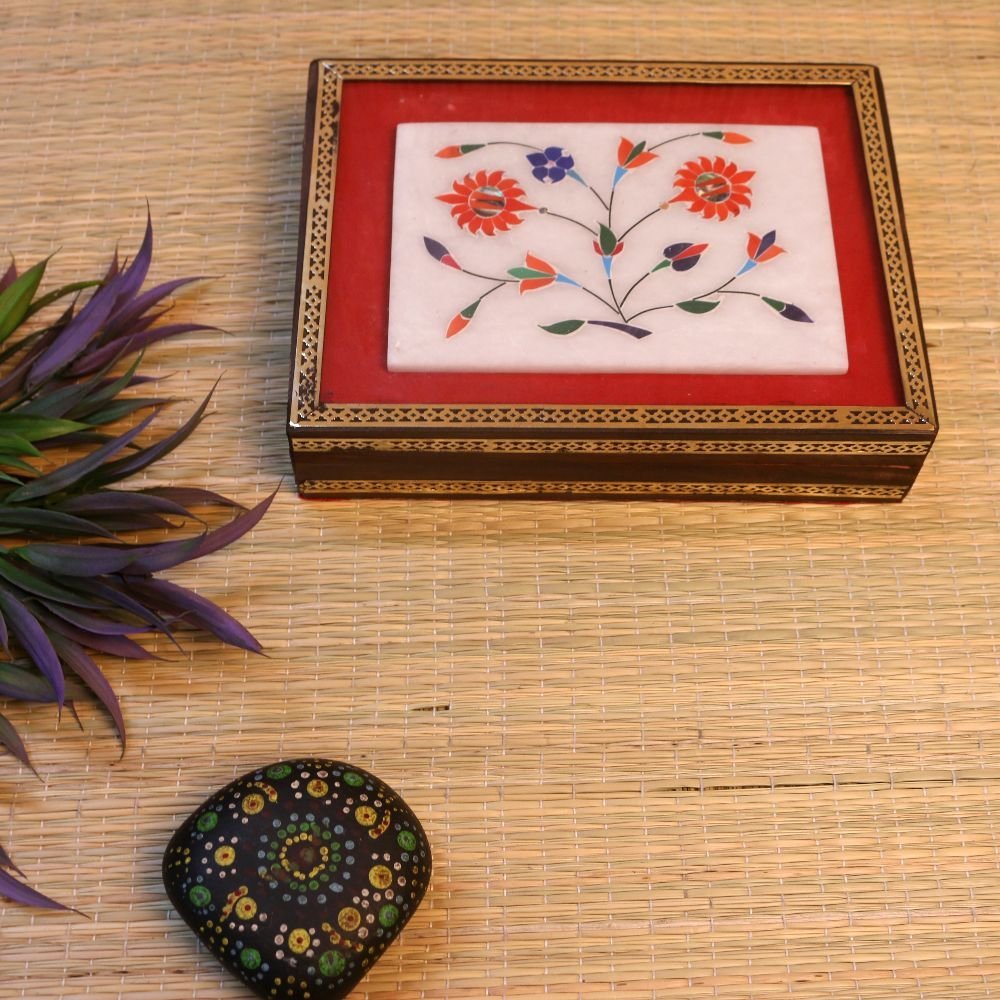 Wooden Jewelry Box with Marble Inlay (9x6-Inch) | Mughal Art Treasure Chest - Image 2