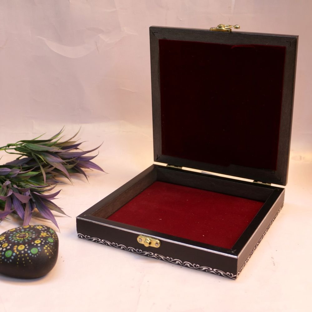 Square Wooden Jewelry Box with Marble Inlay | Traditional Trinket Storage - Image 2