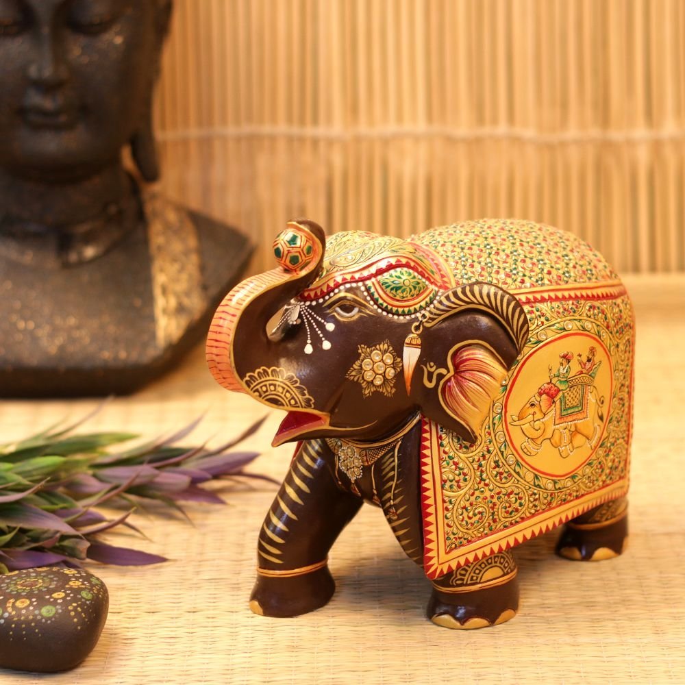 WOODEN HANDICRAFTED ELEPHANT WITH GOLDEN POLISH - Image 2