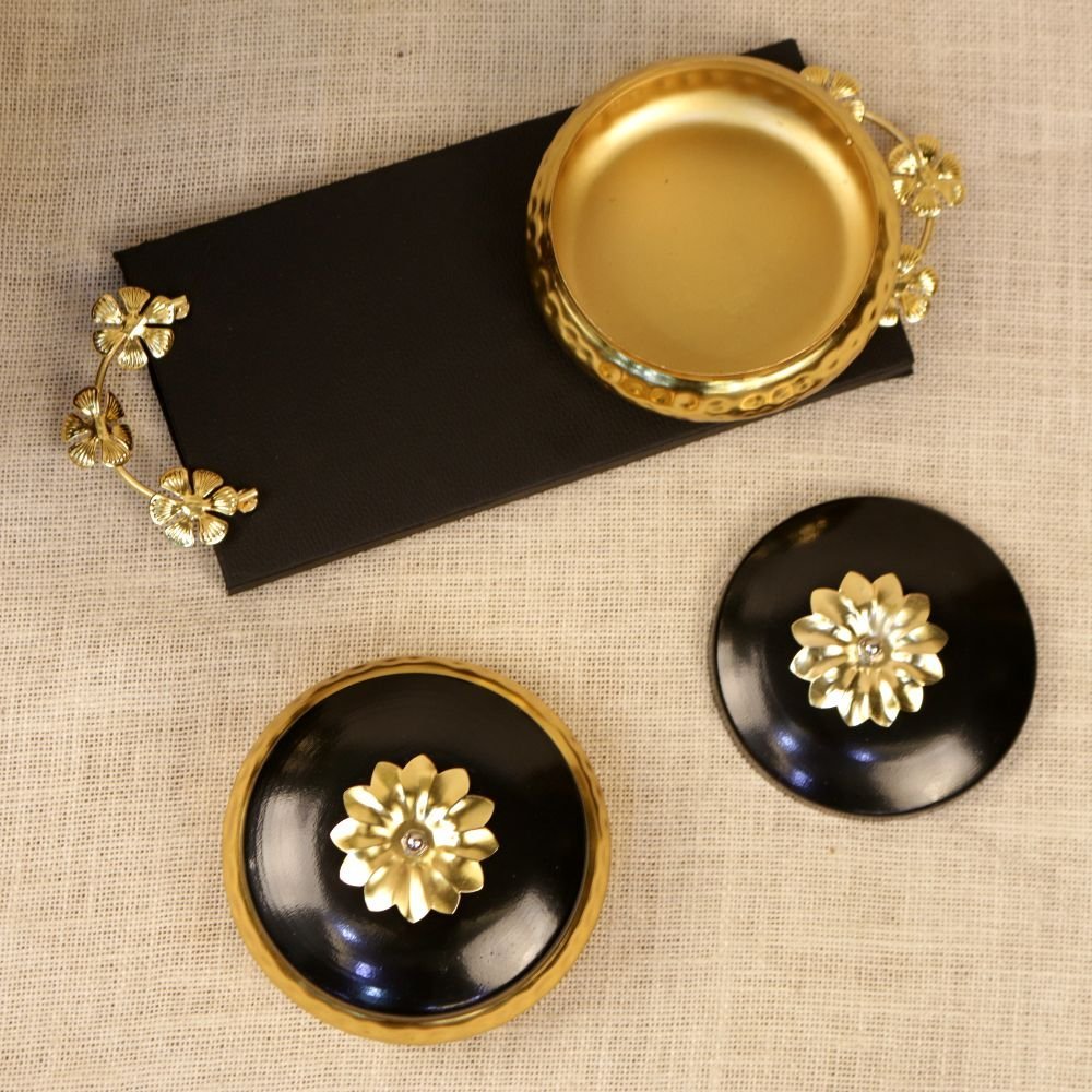 Black and Gold Serving Tray with Lidded Bowls - Image 3