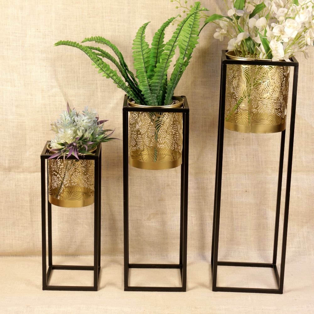 Set of 3 Tiered Metal Planter Stands - Modern Black and Gold Geometric Decor