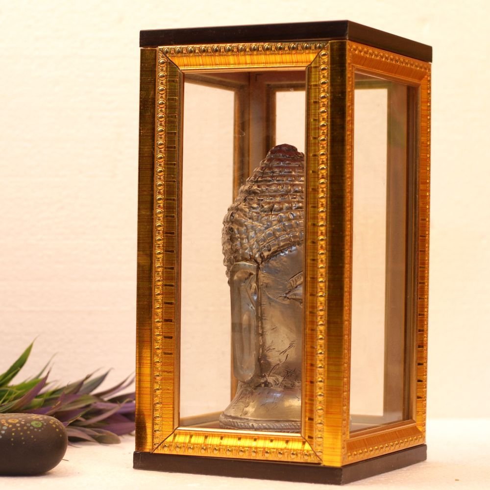Serene Metal Buddha Head Idol in Wooden Frame | Zen Home Decor & Spiritual Gift - Image 2