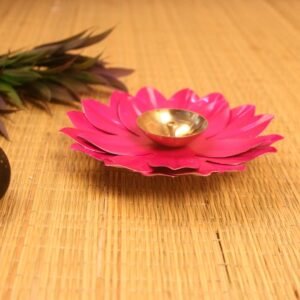 Vibrant Pink Lotus Diya – 6 ′′ Metal Festive Accent for Diwali