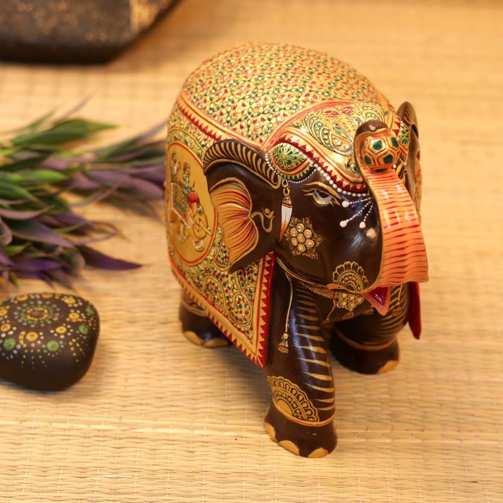 WOODEN HANDICRAFTED ELEPHANT WITH GOLDEN POLISH - Image 3