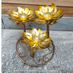 Triple Golden Lotus Candle Holder Stand | Festive Diwali Table Decor | Diwali Gift
