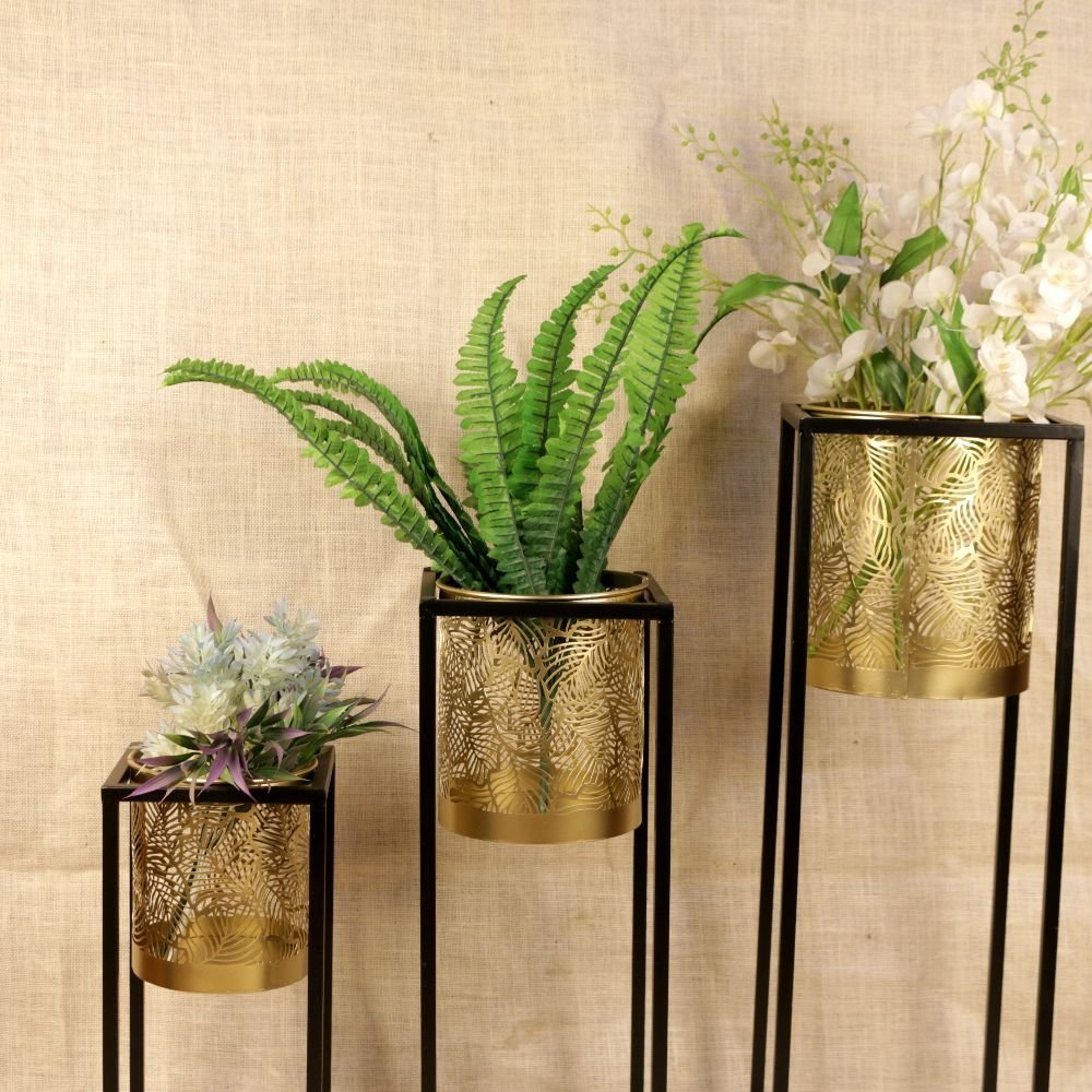 Set of 3 Tiered Metal Planter Stands - Modern Black and Gold Geometric Decor - Image 2