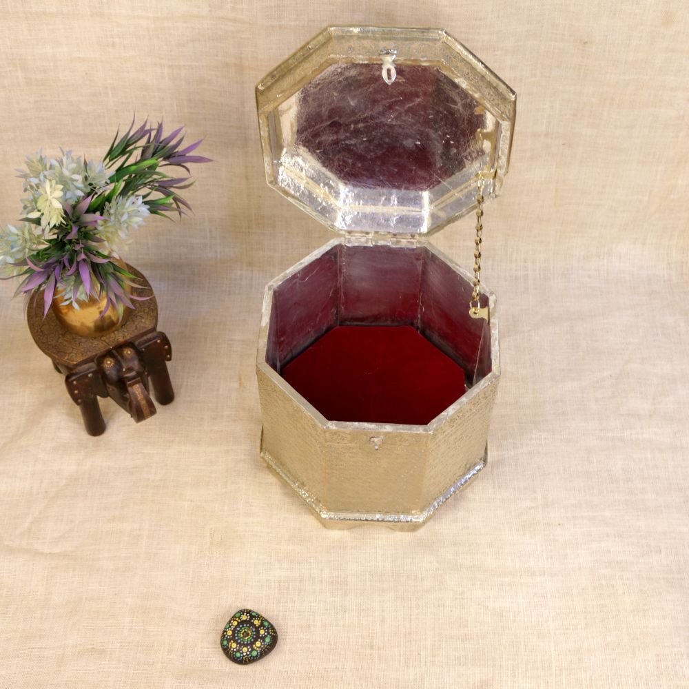 Octagonal Wooden & Embossed Steel Storage Trunk (16 Inch) | Vintage Home Decor & Keepsake Box - Image 5